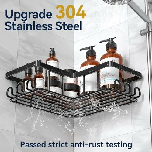 Shower caddy with bottles, made of 304 stainless steel.