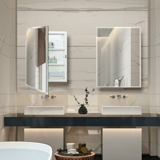 White bathroom medicine cabinet with open door showing shelves with toiletries.