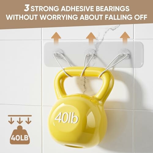 Adhesive bearings holding a 40lb kettlebell on a wall.