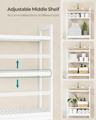 White shelving unit with adjustable middle shelf and various bathroom items.