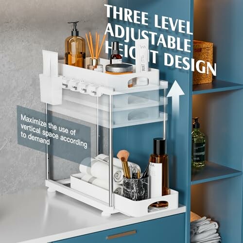 Three-level adjustable shelf organizer on a counter.