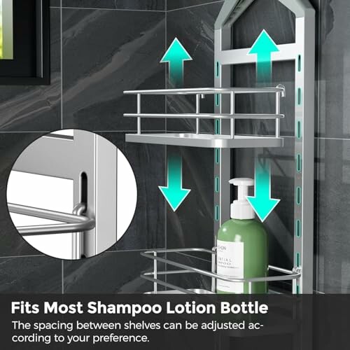 Adjustable shower shelf for shampoo and lotion bottles.