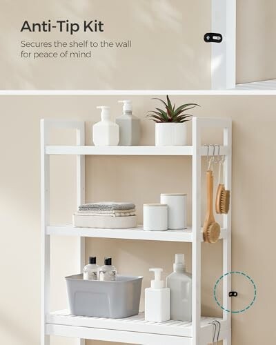 White shelf with anti-tip kit and bathroom items.