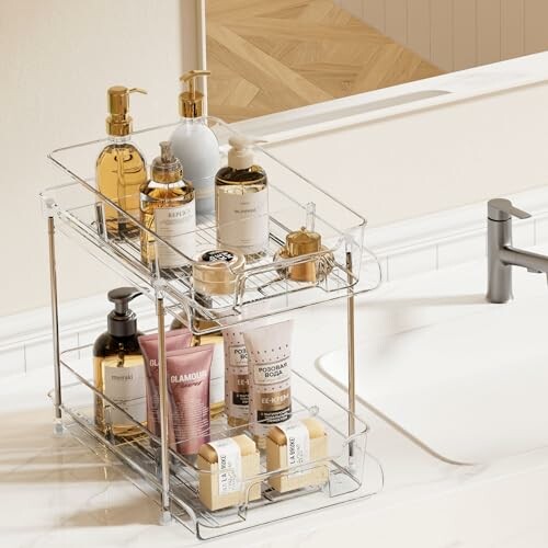 Bathroom counter with a two-tier organizer holding various toiletries.