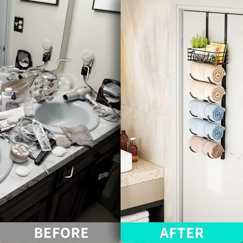 Before and after bathroom organization comparison.