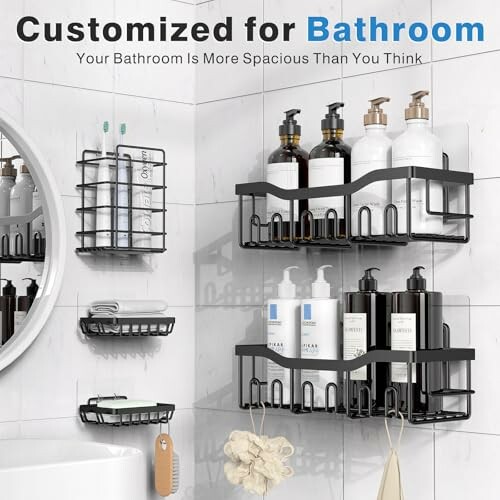 Wall-mounted bathroom shelves with toiletries.