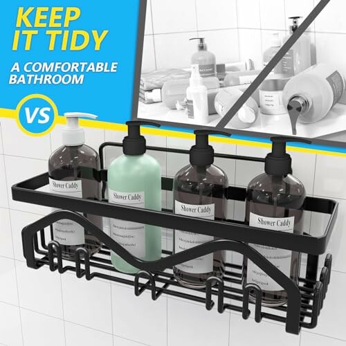 Shower caddy organizer with toiletries and reflection in mirror.
