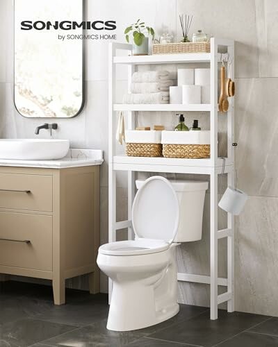 Bathroom with over-toilet storage shelf and sink