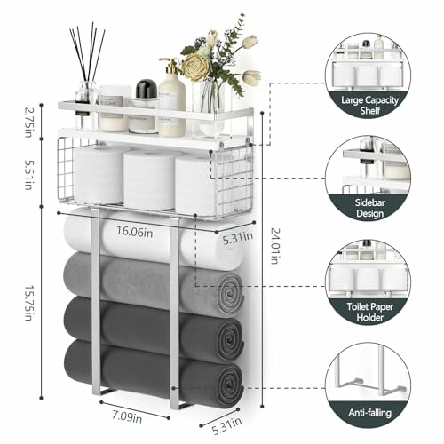 Bathroom storage organizer rack with shelves for toiletries and towels.