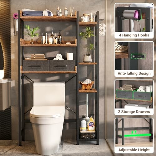 Bathroom storage shelf over toilet with hooks, drawers, and adjustable height.
