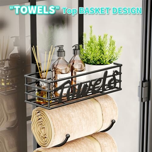 Wall-mounted towel holder with basket for toiletries and plants.