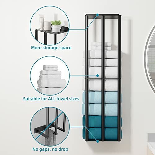 Wall-mounted towel storage rack holding folded towels with features highlighted: more storage space, suitable for all towel sizes, no gaps, no drop.