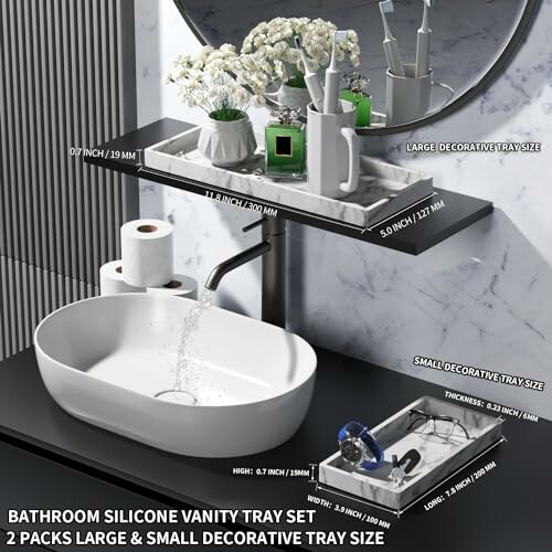 Bathroom vanity with silicone trays, sink, and decorative items.