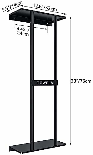 Black metal towel rack with dimensions labeled in inches and centimeters.