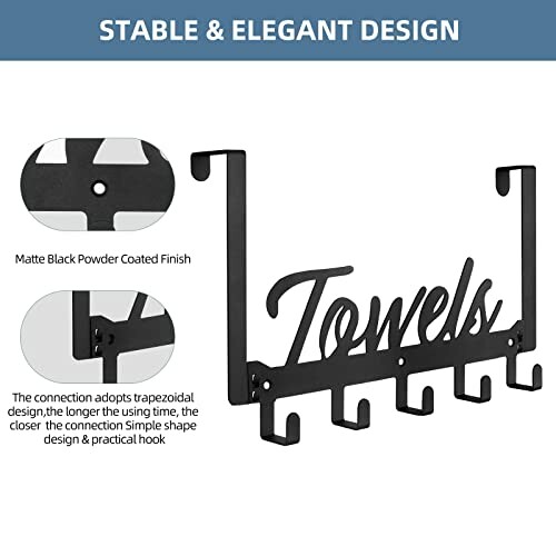 Black towel holder with hooks and elegant design features.