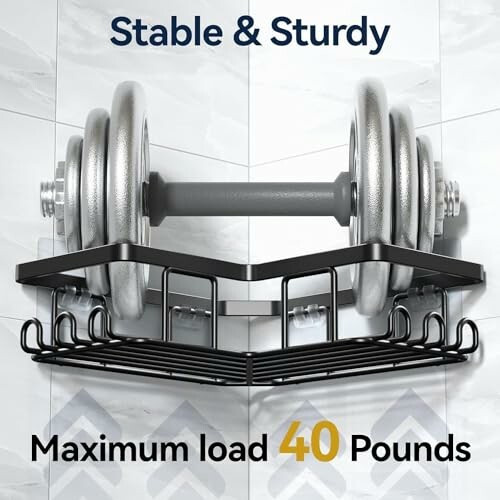 Corner shelf holding a dumbbell, showing load capacity of 40 pounds.