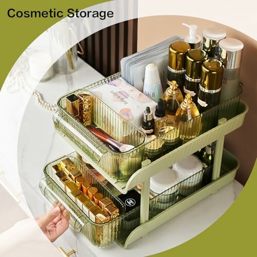 Two-tier cosmetic storage organizer with various beauty products.