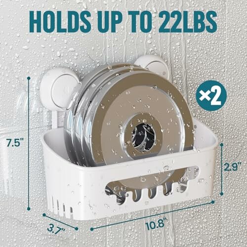 Shower caddy with suction cups holding weights, dimensions labeled.