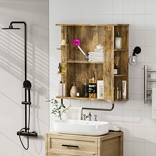 Modern bathroom with wooden cabinet and various toiletries.