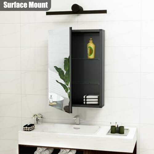 Bathroom with surface mount medicine cabinet and mirror