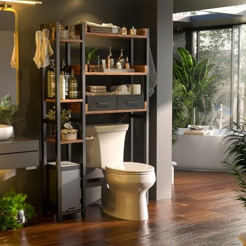 Stylish bathroom with over-the-toilet storage and plants.