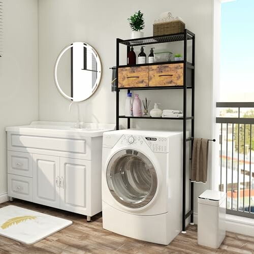 Modern laundry room with washer, shelving unit, and sink.
