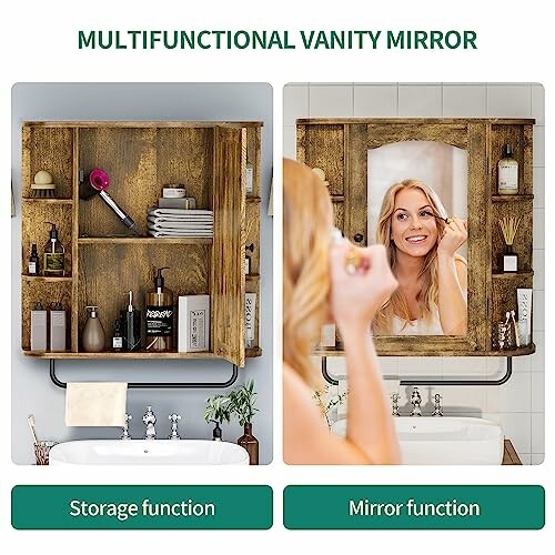 Multifunctional vanity mirror with storage and mirror functions.
