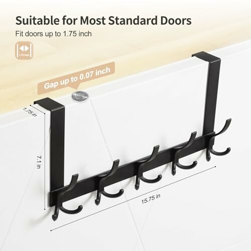 Black over-door hook rack with dimensions and fit details.