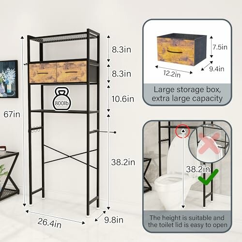 Over toilet storage shelf with dimensions and features.