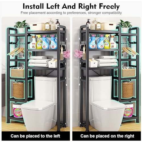 Bathroom over-the-toilet storage shelf with cleaning supplies and towels.