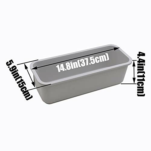 Rectangular loaf pan with dimensions labeled.