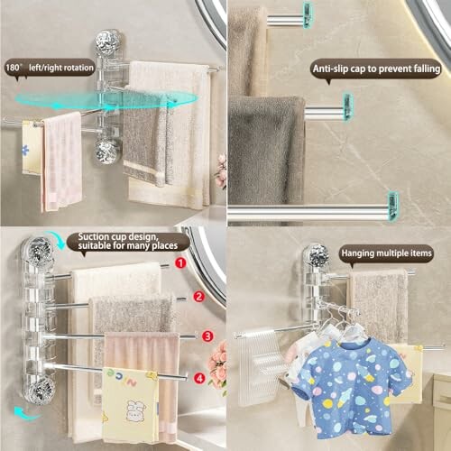 Rotating towel bar with anti-slip cap and suction cup design for multiple items.