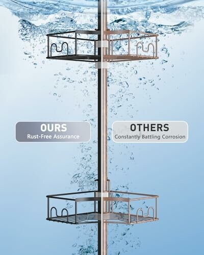 Comparison of rust-free shower caddy with corroded caddy.