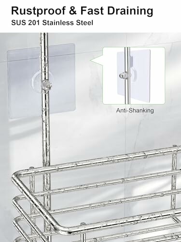 Stainless steel shower caddy with anti-shanking feature.