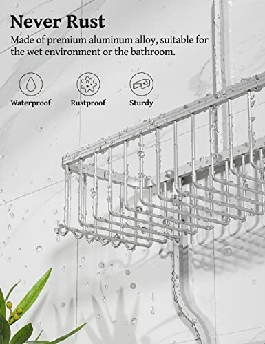 Aluminum shower caddy with waterproof, rustproof, sturdy features.