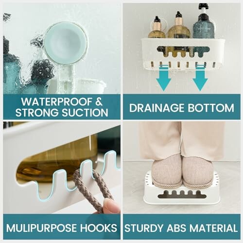 Shower caddy with waterproof suction, drainage bottom, multipurpose hooks, and sturdy ABS material.