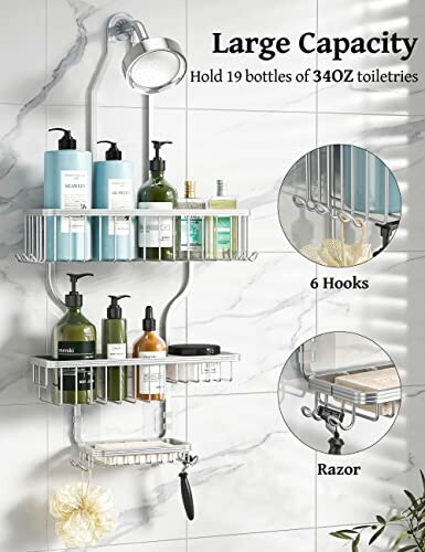 Wall-mounted shower caddy with two shelves holding bottles and hooks for accessories.