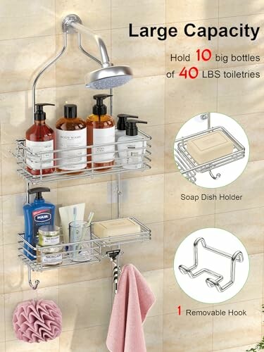 Shower caddy with large capacity holding bottles and soap dish.