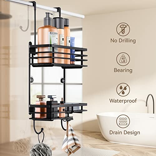 Black shower caddy with bottles, no drilling design, waterproof and drain features.