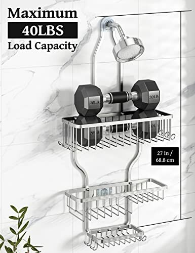 Shower caddy with two 20 lb dumbbells showcasing 40 lbs load capacity.
