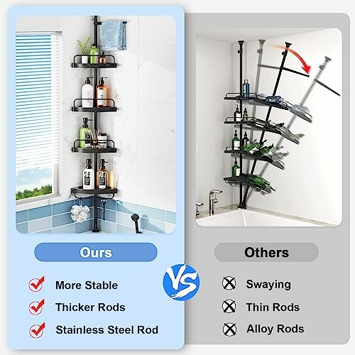 Comparison of two shower corner caddies: stable stainless steel versus swaying alloy.