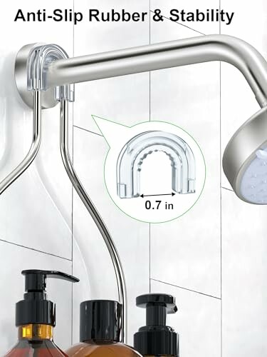 Shower head holder with anti-slip rubber and stability feature.