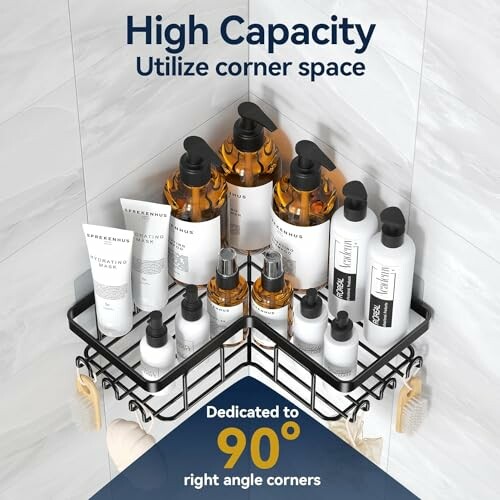 High capacity shower organizer with toiletries in corner shelf.