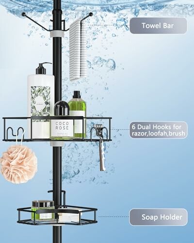 Shower organizer with towel bar, dual hooks, and soap holder.