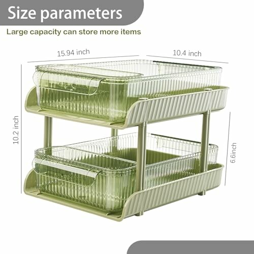 Two-tier stackable storage containers with size dimensions.