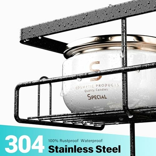 Rustproof stainless steel shower caddy with a cosmetic container.