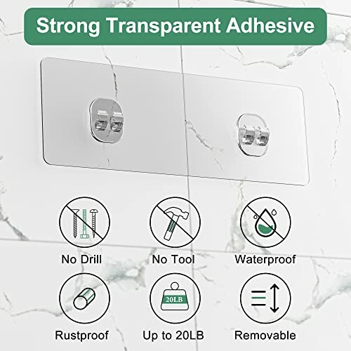 Strong transparent adhesive hooks with no drill, waterproof, rustproof features, supporting up to 20 pounds.