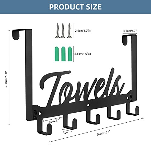 Black towel rack with hooks and installation hardware.