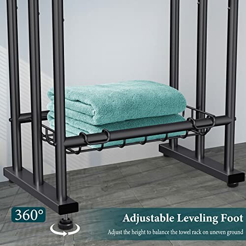 Towel rack with adjustable leveling foot and folded towel.