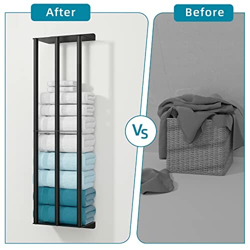 Comparison of towel storage before and after with organized wall rack.